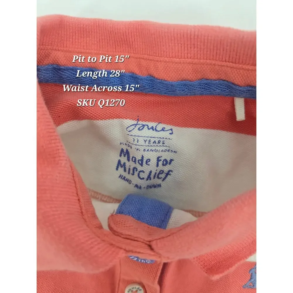Joules Girls Striped Polo Dress Size 11 Coral‎ White Preppy Ruffle Hem Cotton